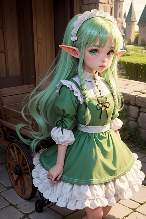 front man twins elf ears Light green hair Green Maid Clothes long hair magic wand In front of a medieval carriage