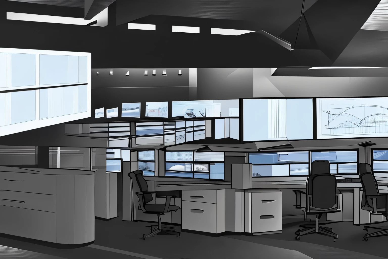 Sketch, background, big monitor, control room