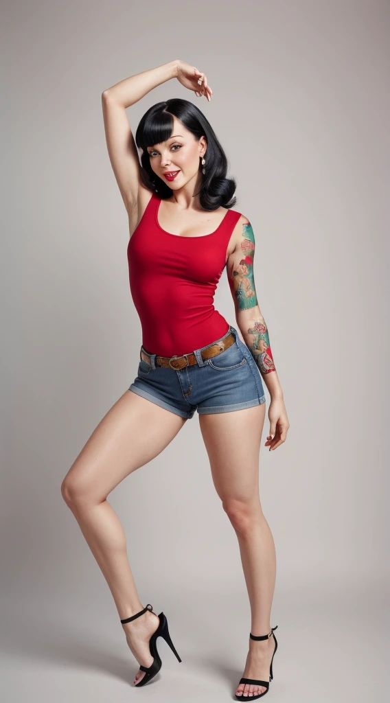 Bettie Page, standing, full body, exuberant, dressed in a tight red t-shirt, short denim shorts, high stiletto heel sandals, very sexy, pinup, full body. Artistic tattoos add a contemporary touch. Their postures and expressions, combined with their pin-up looks, create a fusion between classic vintage and contemporary. White photo studio background, hot session.