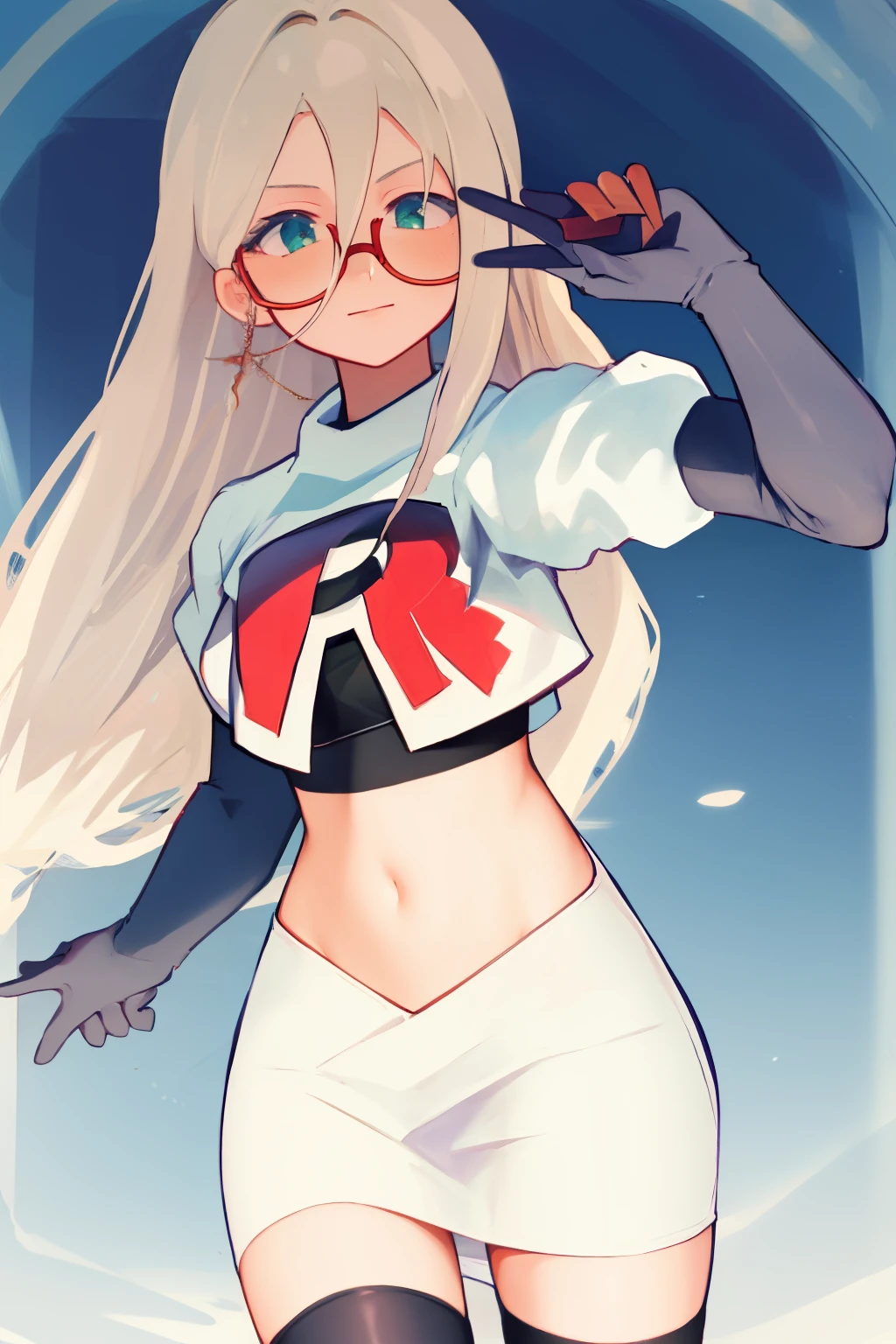 masterpiece, detailed, high quality, absurdres, aiaamare, 1girl, solo, glasses, cowboy shot,team rocket,team rocket uniform, red letter R, white skirt,white crop top,black thigh-highs, black elbow gloves,