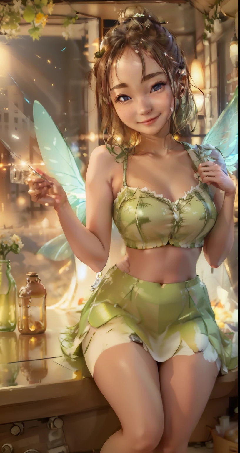 (Tinker Wife:1), smile, cute, cute pose, looking at the viewer, thick thighs, single hair bun hair, short hair, (Strapless Green Dress:1), (fairy wings), sitting, (chest focus:1.2), From above, 
(realistic:1.2), (realism), (masterpiece:1.2), (highest quality), (Super detailed), (8K, 4K, Complex),(full body shot:1),(cowboy shot:1.2), (85mm),particles of light, lit, (very detailed:1.2),(detailed face:1.2), (Gradation), software, colorful,(fine eyes:1.2),
(detailed landscape, in a glass bottle:1.2),(detailed background),detailed landscape, (dynamic angle:1.2), (dynamic pose:1.2), (third law_composition:1.3), (Action range:1.2), wide shot, dawn, alone,