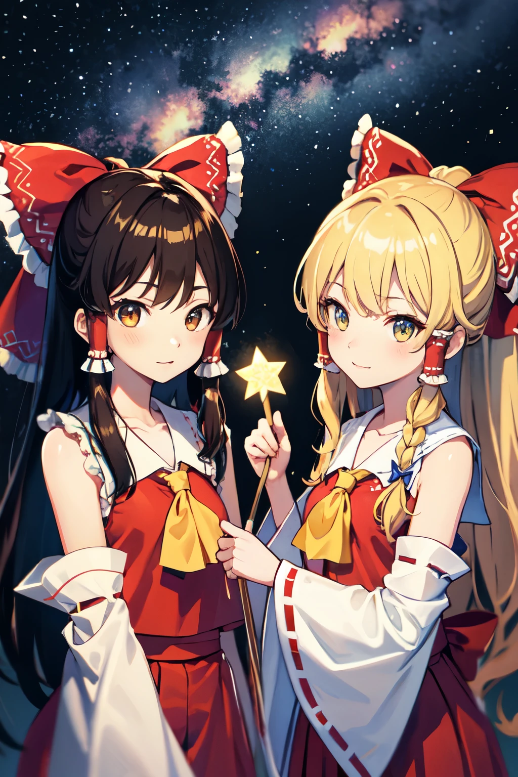 Kirisame Marisa, Hakurei Reimu, 1GirlTag, long hair, stars, milky way, brown hair
