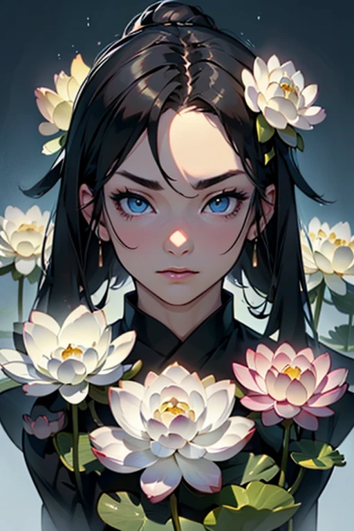 (((Emeral look))), beautiful, masterpiece, background, highest quality, Detailed image, ((((((1 girl)))))), ((((((muscular)))))), (((portrait))), 1 girl, alone, detailed face, Jaw roundness, (golden blue eyes, big), (glossy red lips), (abundant, shiny black hair), female focus, perfect eyes, Crystal clear white skin, Day々, 暖かいDay差し, atmosphere, clear texture, delicate texture, (Wearing gorgeous ancient Buddhist ornaments), (A number of exquisite white lotus ornaments々),