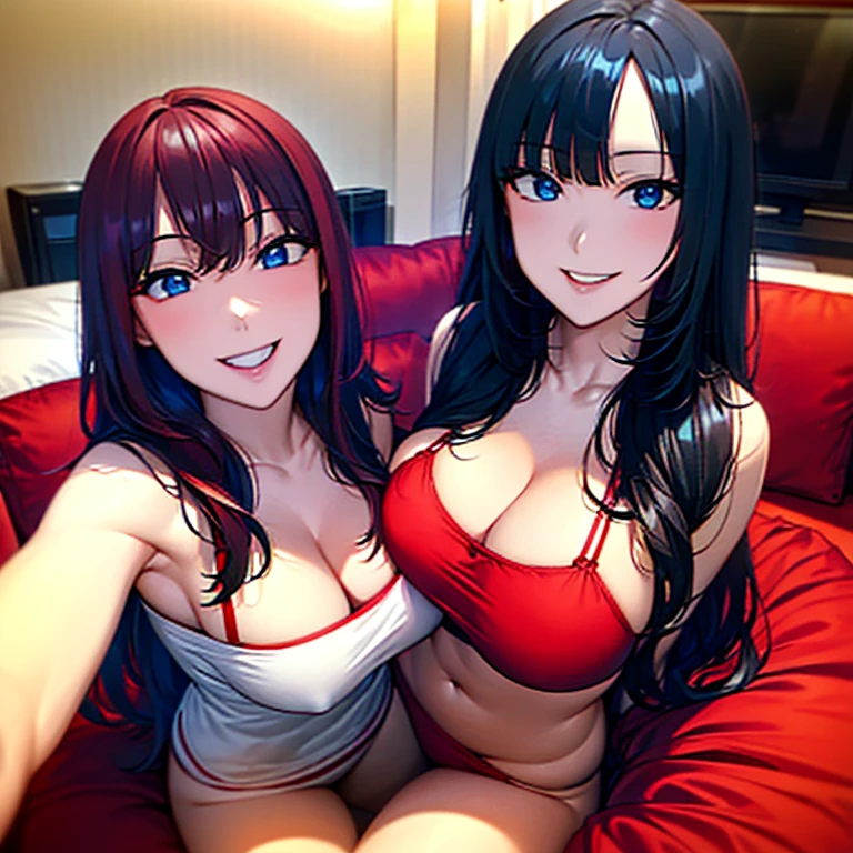 Black hair, blue eyes, red lingerie, red bra, red underwear, sexy, large breast, smile, a hotel bedroom