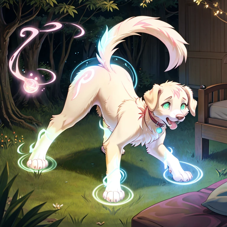 shocked feral Female retriever with White and pink fur and glowing Green eyes standing on all fours there some traces of magic floating around her she in a bedroom