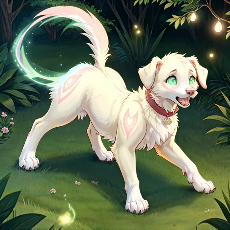 shocked feral Female retriever with White and pink fur and glowing Green eyes standing on all fours there some traces of magic floating around her she in a bedroom