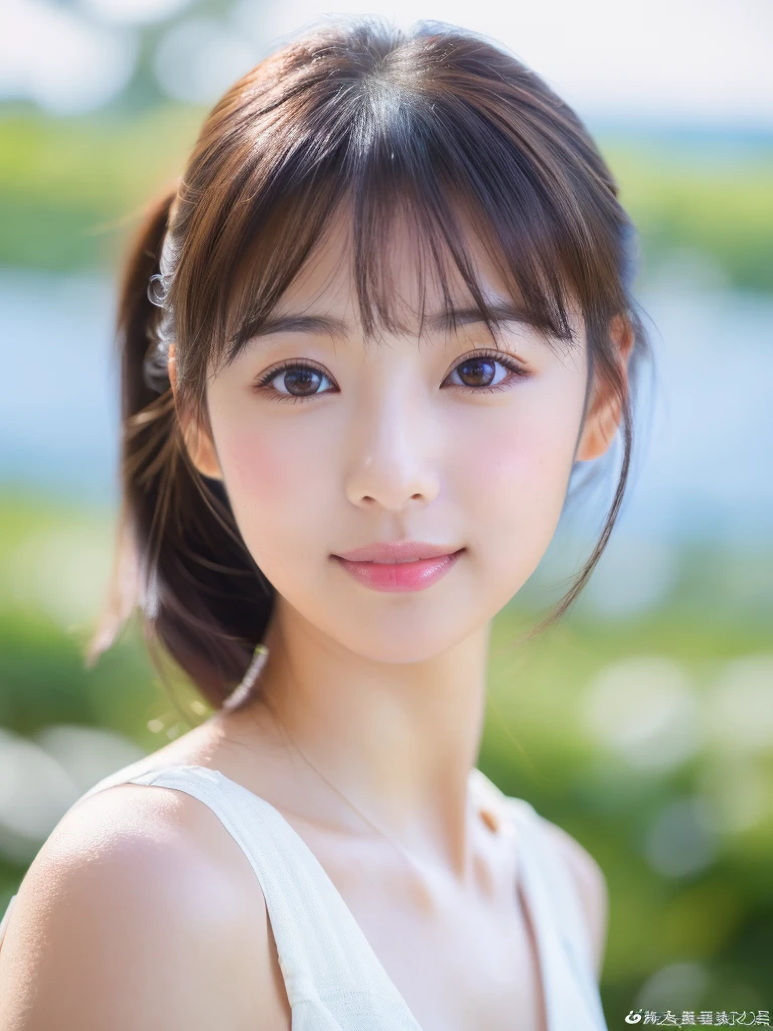((cute日本の女の子、beautiful japanese girl、1 girl、clear、19 years old、ponytail、Highly detailed face and skin texture、refinement、super detailed face、highly detailed eyes、Lee Hong、blush、cheek、ピンクのcheekを塗ったcheek、close-up of woman、 from the neck up、 Close to the camera、 positive face、Forward-facing body、look at the camera、front、cute、smooth white skin、Transparent skin texture、))、(dark brown hair、bangs)、beautiful woman with perfect style:1.4、japanese model、young gravure idol、若いcuteグラビアアイドル、Realistic young gravure idol、refinementされたグラビアアイドル、((highest quality、8K、masterpiece:1.3、1photograph))、(4K、RAWphotograph、highest quality)、(realistic、フォトrealistic:1.37)、Place someone on the other side of the screen、Natural light、
