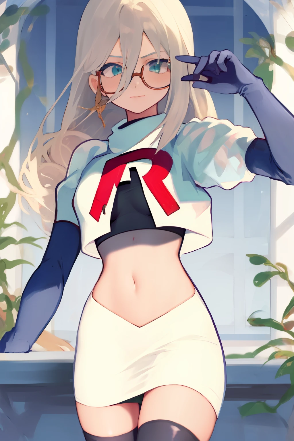 masterpiece, detailed, high quality, absurdres, aiaamare, 1girl, solo, glasses, cowboy shot,team rocket,team rocket uniform, red letter R, white skirt,white crop top,black thigh-highs, black elbow gloves,