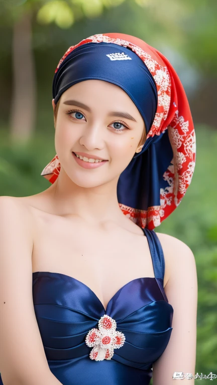 Masterpiece, realistic, best quality, best lighting, 1 pretty girl with angelic face, ((full bodyshot)), beautifully makeup, eyeshadow, Parted Lips, Detailed Eyes, beautiful big eyes, long eye lashes, smile, wearing ((Dark blue satin headscarf)), loosely tide hijab style, (Red and white cheergirl costume with pretty revealing skin), very big breast, squatting in the yard, (seducing, sexy pose)