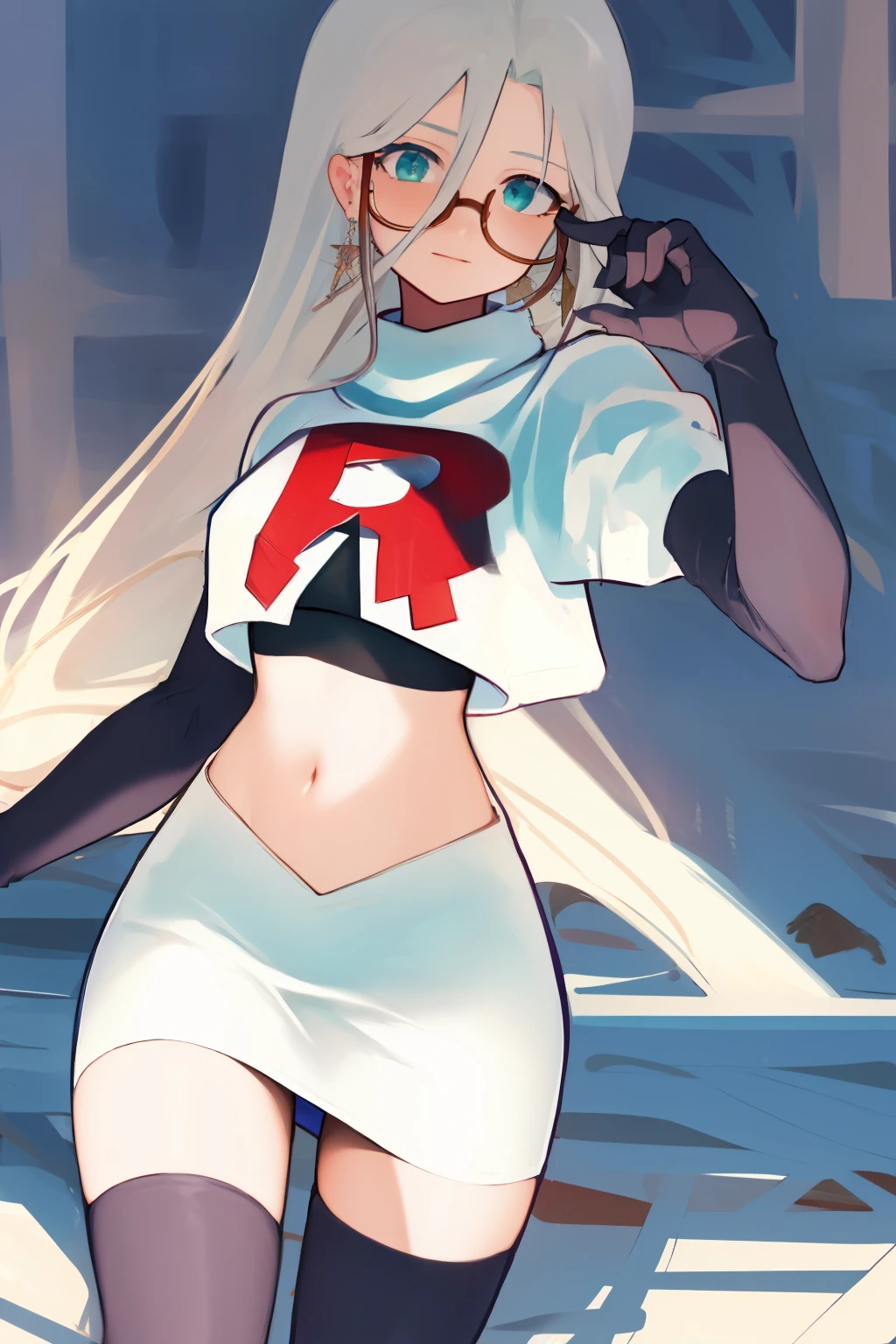 masterpiece, detailed, high quality, absurdres, aiaamare, 1girl, solo, glasses, cowboy shot,team rocket,team rocket uniform, red letter R, white skirt,white crop top,black thigh-highs, black elbow gloves,