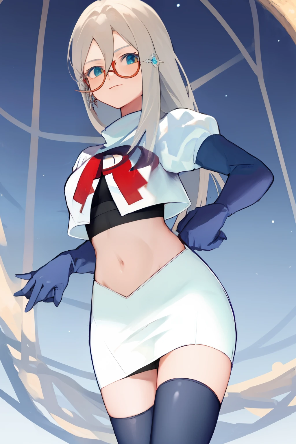 masterpiece, detailed, high quality, absurdres, aiaamare, 1girl, solo, glasses, cowboy shot,team rocket,team rocket uniform, red letter R, white skirt,white crop top,black thigh-highs, black elbow gloves,