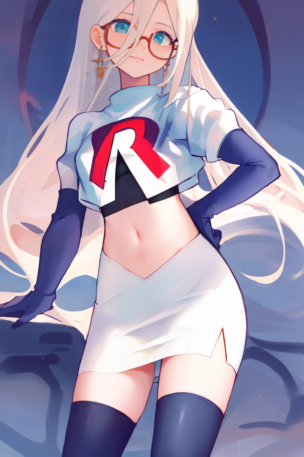 masterpiece, detailed, high quality, absurdres, aiaamare, 1girl, solo, glasses, cowboy shot,team rocket,team rocket uniform, red letter R, white skirt,white crop top,black thigh-highs, black elbow gloves,