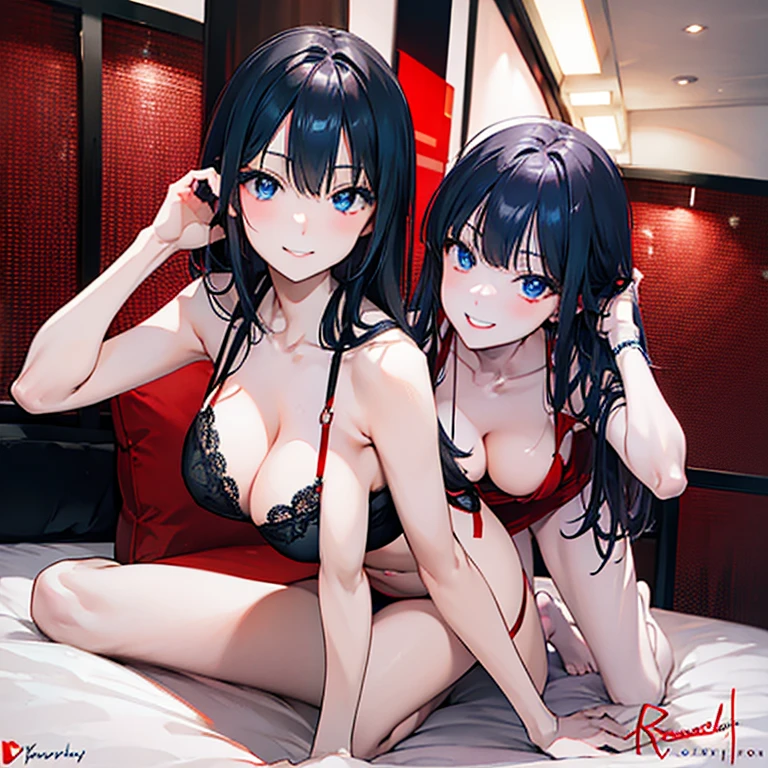 Black hair, blue eyes, red lingerie, red bra, red underwear, sexy, large breast, smile, a hotel bedroom