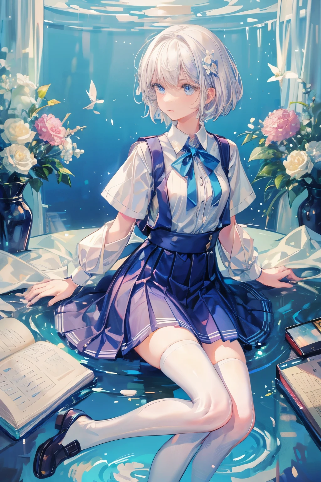 Masterpiece,Best quality,1 girl,(white) short hair,blue eyes,school uniforms,small breast,thin and small,flowers, white stockings