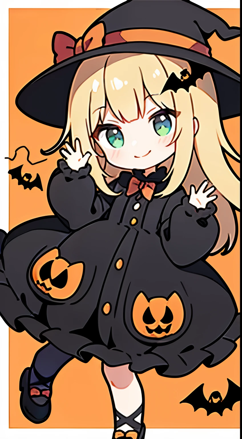 Cute Halloween Theme、full body Esbian、Eye Up、A smile、 wave her hand、Glamorous Hat、Halloween Accessories、Draw clothes buttons and pockets in a Halloween style、Cute shoereasts are large
