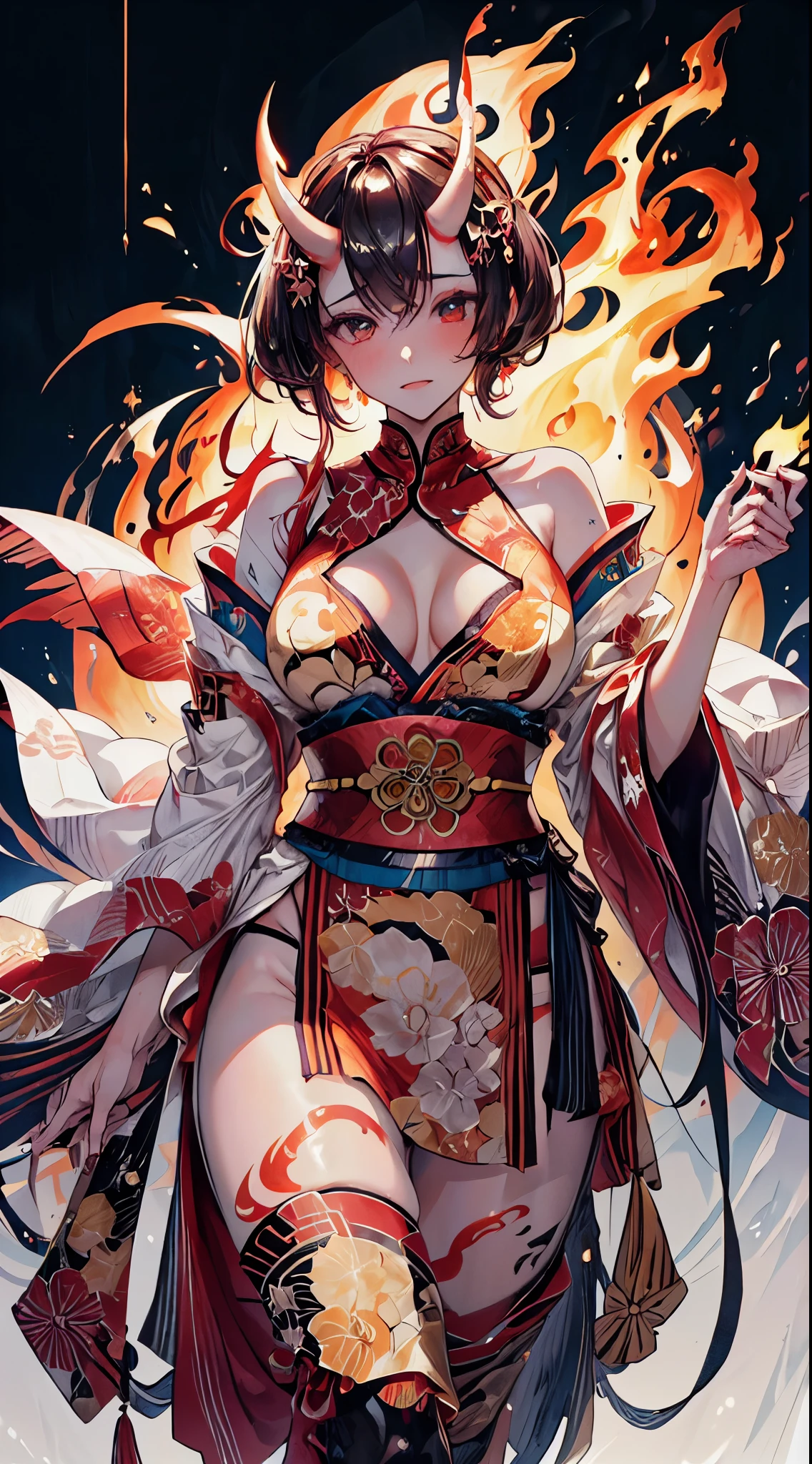 ,(masterpiece, top quality, best quality, official art, beautiful and aesthetic:1.2), mature body,(detailed sexy japanese style costume),Extreme detailed,Sexy Demon, 1 girl, large breasts, , (2 oni horns:1.2), flames around, glowing body, sexy, , Colorful, Highest detailed, Cold light,  tatoos, good anatomy hand ,Burning fire theme