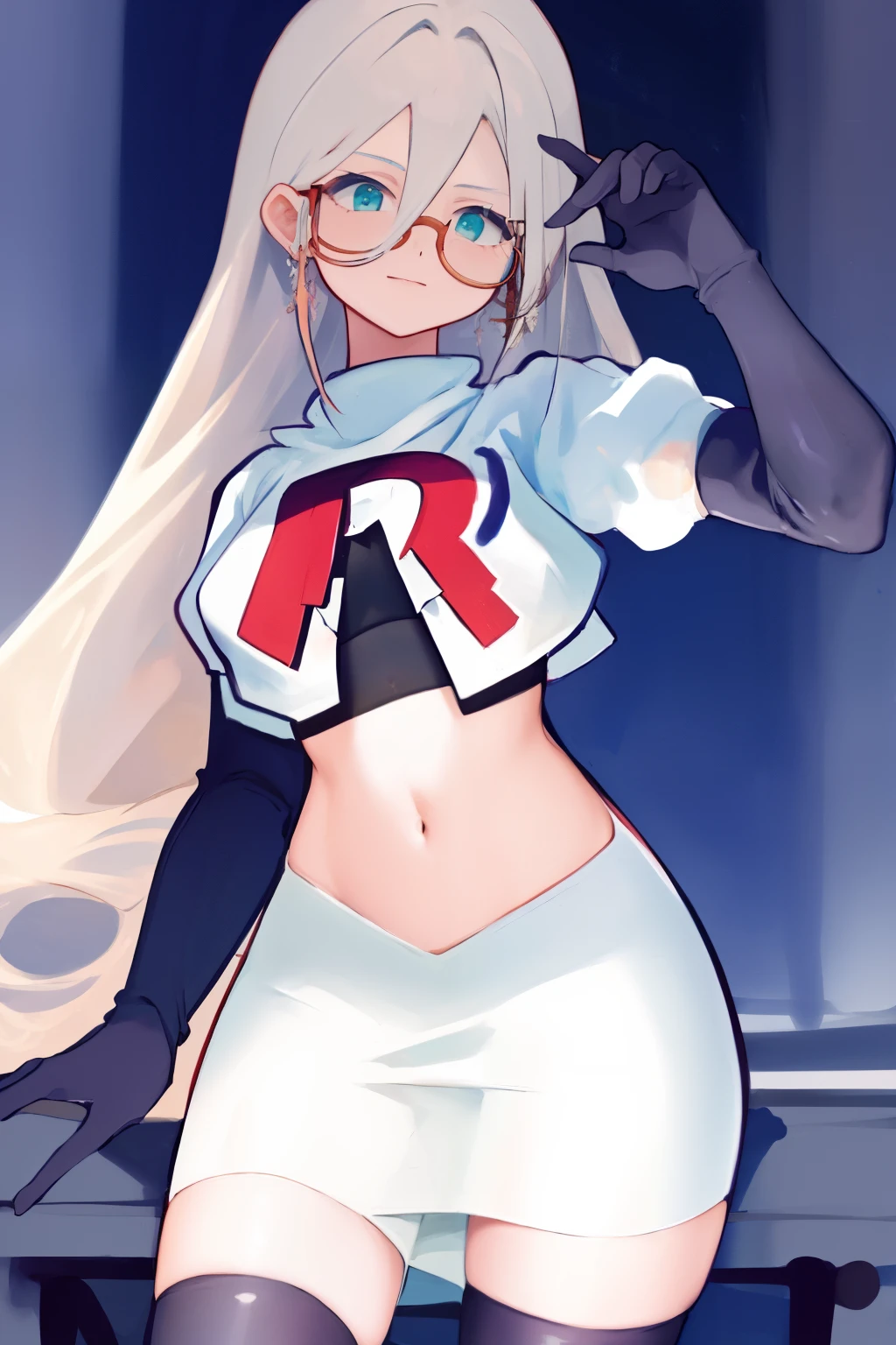masterpiece, detailed, high quality, absurdres, aiaamare, 1girl, solo, glasses, cowboy shot,team rocket,team rocket uniform, red letter R, white skirt,white crop top,black thigh-highs, black elbow gloves,