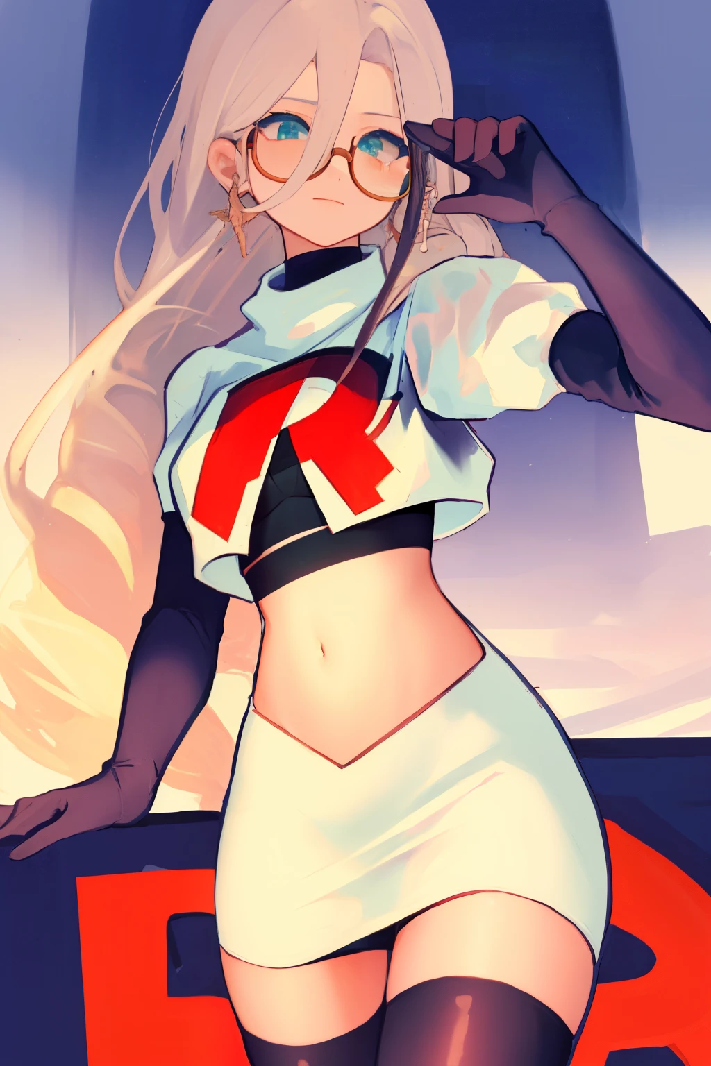 masterpiece, detailed, high quality, absurdres, aiaamare, 1girl, solo, glasses, cowboy shot,team rocket,team rocket uniform, red letter R, white skirt,white crop top,black thigh-highs, black elbow gloves,