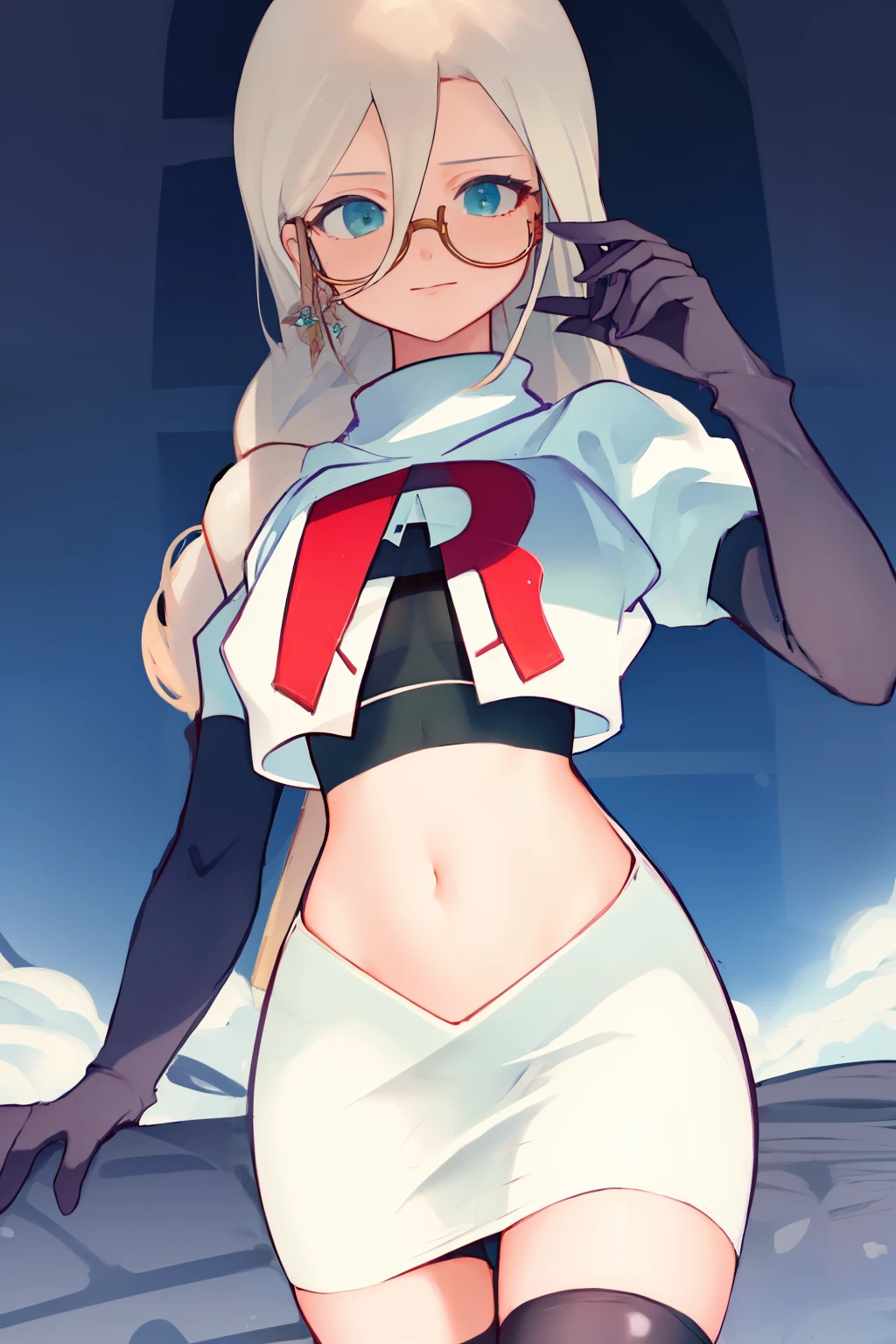 masterpiece, detailed, high quality, absurdres, aiaamare, 1girl, solo, glasses, cowboy shot,team rocket,team rocket uniform, red letter R, white skirt,white crop top,black thigh-highs, black elbow gloves,
