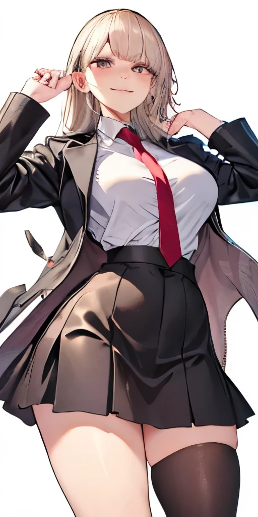 (masterpiece: 1.6, 最high quality), (fine and beautiful eyes: 1.2), (overhead), high quality, beautiful face, 1 girl, Leather tight skirt, extra large leather jacket, big breasts, long hair, wide hips, (landscaped), street, background, Detail background, Creepy grin, smile at the corner of the mouth, long coat, shirt, tie, office lady, mature