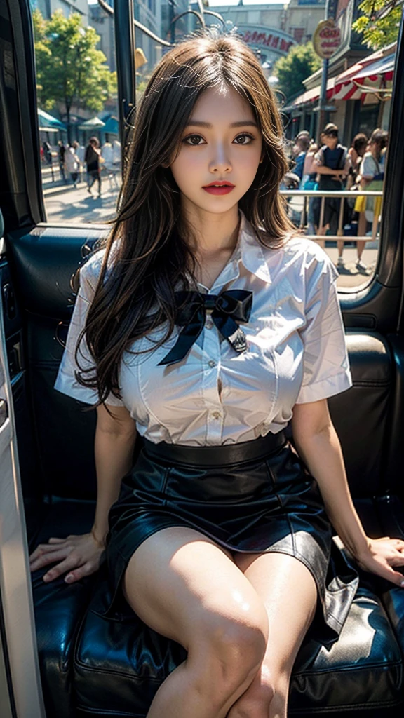 1 girl, beautiful, long hair, long hairมาก, Amazing faces and eyes, put on makeup, ลิปกลอสสีแดงละเอียดละเอียดใบหน้าbeautiful), (Look sexiest), (beautiful big breasts:1.6), (School uniform, Black pencil skirt:1.2), black leather skirt, (best quality:1.4), (Very detailed), (วอลล์เปเปอร์ CG รวม 8k ที่มีรายVery detailed), Highly detailed, raw photos, Professional photography, ((Crowded amusement park)), ม้า sit, roller coaster, Ferris wheel, sit, (Spread your legs wide.), Leg separation, Bow down, Left hand folded across chest, right hand closes skirt, The scenery is like a scene from a movie.,