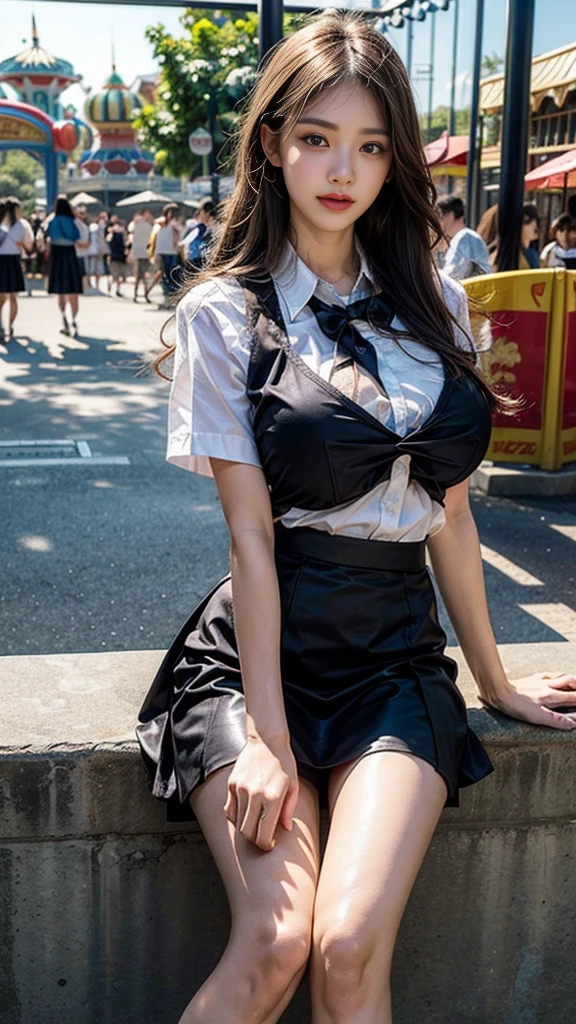 1 girl, beautiful, long hair, long hairมาก, Amazing faces and eyes, put on makeup, ลิปกลอสสีแดงละเอียดละเอียดใบหน้าbeautiful), (Look sexiest), (beautiful big breasts:1.6), (School uniform, Black pencil skirt:1.2), black leather skirt, (best quality:1.4), (Very detailed), (วอลล์เปเปอร์ CG รวม 8k ที่มีรายVery detailed), Highly detailed, raw photos, Professional photography, ((Crowded amusement park)), ม้า sit, roller coaster, Ferris wheel, sit, (Spread your legs wide.), Leg separation, Bow down, Left hand folded across chest, right hand closes skirt, The scenery is like a scene from a movie.,