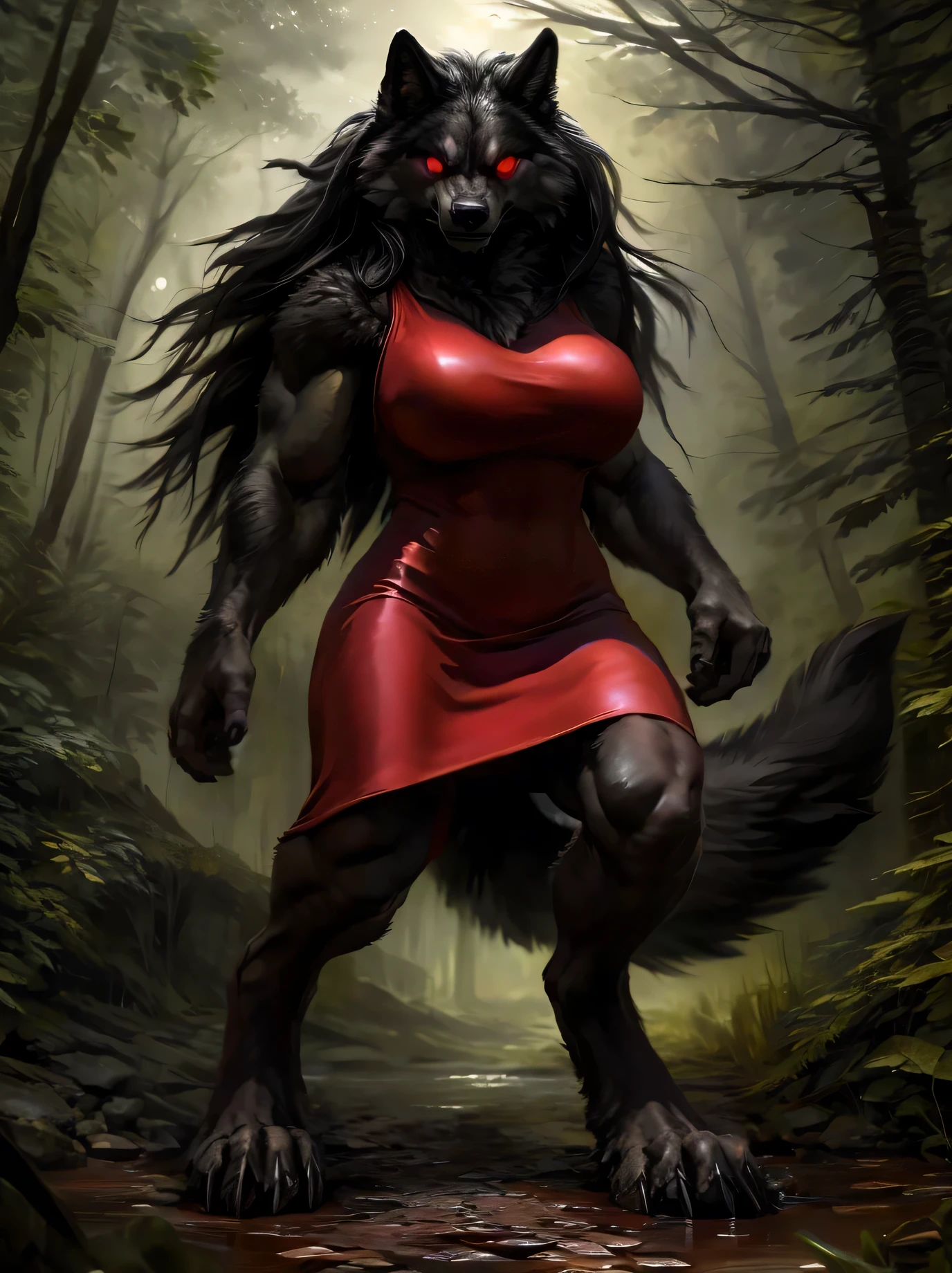 Throw, hairy, black Wolf, werewolf, hairy woman, ((black body)), ((Wolf's foot)), (Black mane), black hair, (whole body), (flowing hair), ((There are no students)), (glowing red eyes), (Provocation), (looking at the audience), ((Stamdig)), (crazy eyes), (1 tail), ((muscular)), (biceps muscle mass), (wide waist), (broad shoulders), ((Thick thighig breasts), (charming), (((tight dress))), ((perfect body curves)), ((red dress)), ((short skirt)), ((angry)), ((very long hair)), ((mental control)), (Obsessed), (Dominant), alone, woman, Thief Tojo, minus, chunie, black gem, Humanity, ((Detailed face)), (the dark forest), ((red theme)), ((horrorcore)),Detailed realistic painting, (Super detailed), Detailed background, digital level, very detailed, depth of field, Unreal Engine, (masterpiece), (anatomically correct), Detailed hands, Detailed face, expressive, epic setting,
