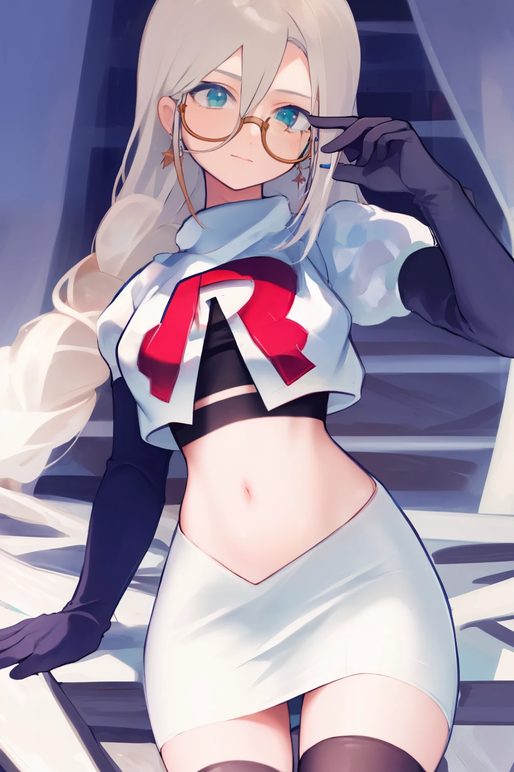 masterpiece, detailed, high quality, absurdres, aiaamare, 1girl, solo, glasses, cowboy shot,team rocket,team rocket uniform, red letter R, white skirt,white crop top,black thigh-highs, black elbow gloves,