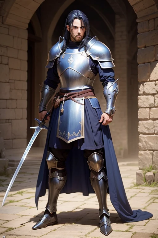 front 40Male Knight Commander dark blue hair armor A great sword that is as tall as your body medieval training ground