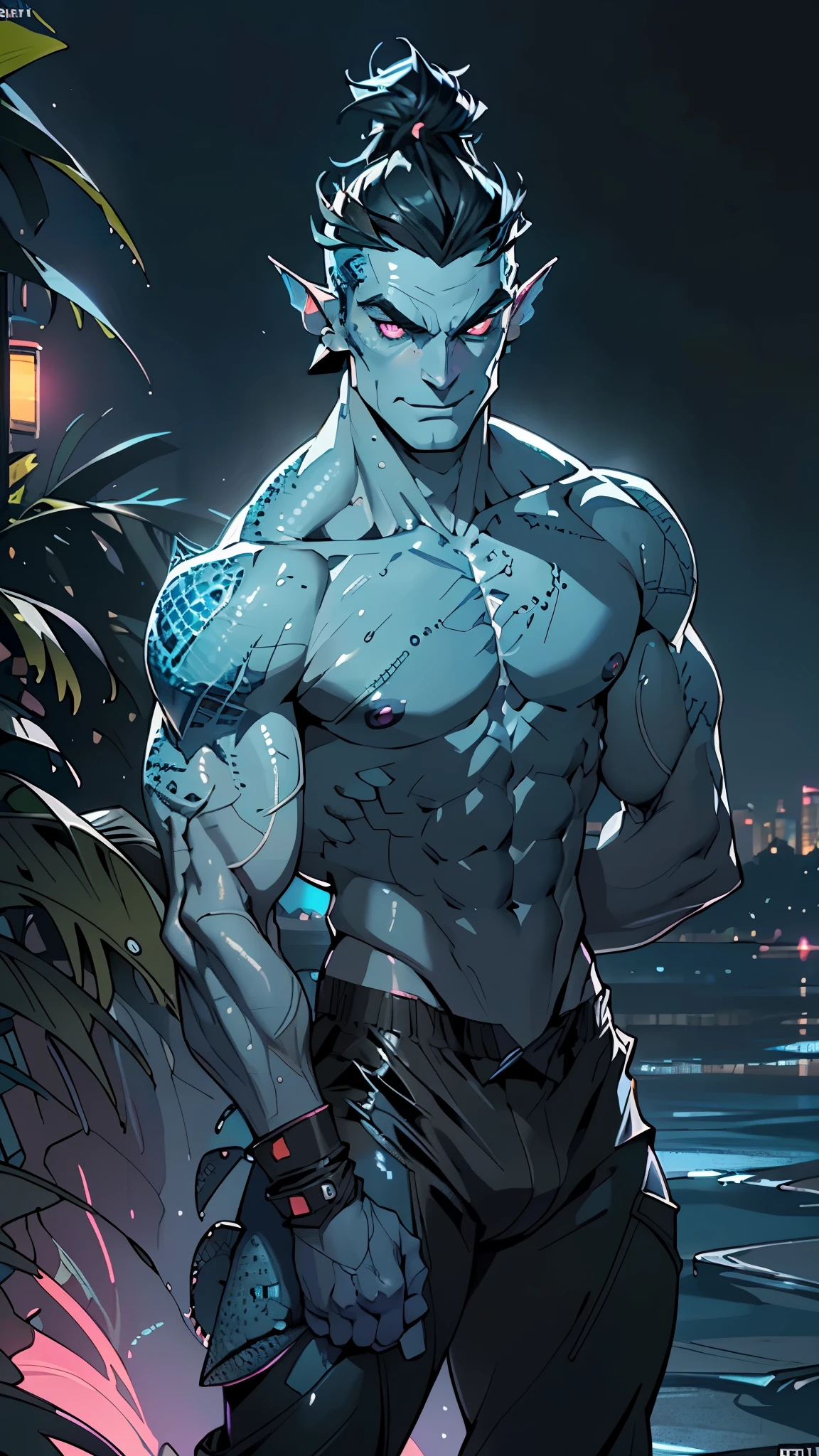 muscular man,(((1man))),((man muscular)),

(((1male,man:1.5,handsome man,male,male gender:1.5,male focus))),macho man,

Alien Fish man, ((blue skin:1.5)), (huge eyes:1.5), (((ear fins:1.5))), (((scaly skin:1.5))),((monster_man)),(deep blue skin:1.5),

((short black hair)),(((lustrous skin:1.5,bright skin: 1.5,shiny skin,very shiny skin,shiny body,illuminated skin))),(glowing eyes, blue_eyes:1.0), (((black sclera:1.5))),symmetrical eyes,((exaggerated muscles,exaggerated shoulders,very muscular and huge)),man chest,handsome face,((((muscular,hairy body,muscular man,tall,big biceps,abs,big thighs,broad shoulders,open chest)))),(((detailed face))),(((square jaw))),

alluring look,nsfw,

(((bare chest,shirtless))),hunter pants,((bulge in pants)),(hunter outfit:1.3,hunter clothes),((wet clothes,intricate outfit,intricate clothes)),

(dynamic pose:1.0),solo focus,((evil smile,evil look)),(centered,scale to fit dimensions,Rule of thirds),

cyberpunk city by the ocean at night, with bright neon signs and dark stormy clouds and puddles, scenery:1.25,nighttime, starry night, cosmos,Very dark night that makes the neon lights stand out, very bright neon lights,nighttime, starry night, cosmos,

highres, sharp focus, (ultra detailed, extremely detailed), (photorealistic artwork:1.37),(extremely detailed CG unity 8k wallpaper),((synthwave background theme)),(((vibrant colors))),(intricate background),(masterpiece),(best quality),
