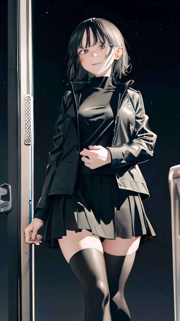 (masterpiece), (highest quality), (perfect face), extremely fine skin pores, (fine skin:1.2), art station, night, office, night sky,
cool girl, Dark Business Jacket, Dark Business Skirt, Thighhighs, black short hair, Clear face, light smile, Are standing, portrait,