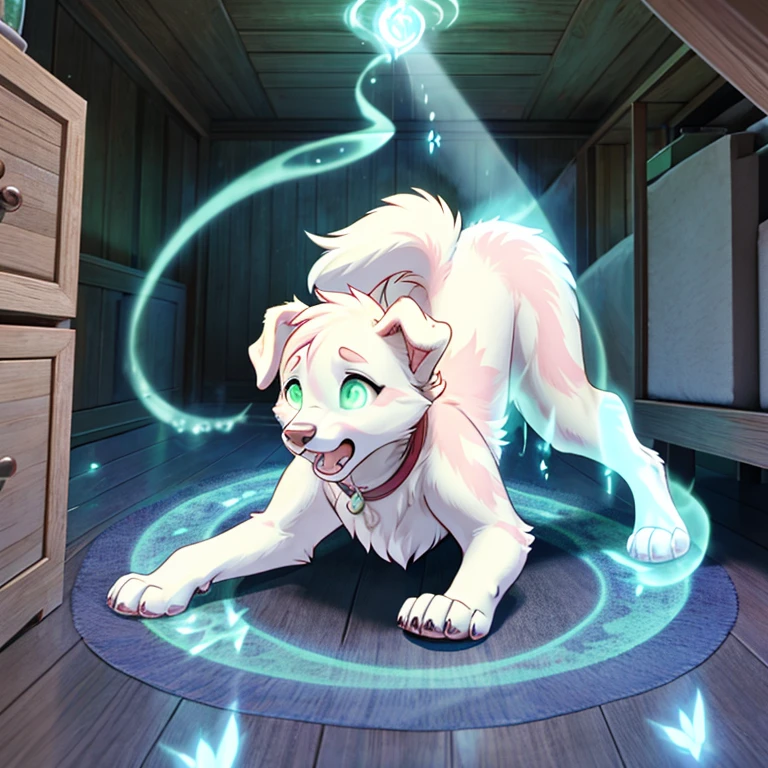 shocked and scared feral Female retriever with White and pink fur and glowing Green eyes standing on all fours there some traces of magic floating around her she in a bedroom