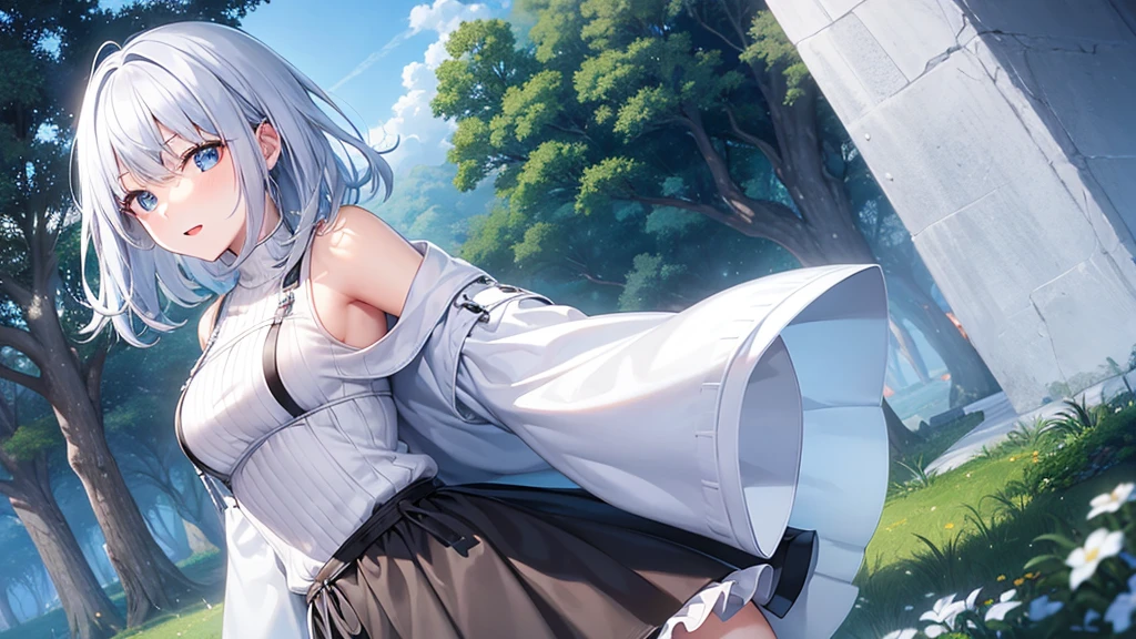 super high quality, with a girl, 20-year-old, very short hair, long bangs between the eyes, pale blue eyes , blue sky, sunlight, very detailed,(masterpiece、highest quality)、alone、gray hair、laughter、White skin as clear as snow、fantasy, silver hair, black eye, beautiful eyes,, ecstasy, charm, be smitten with audience, landscape shorts、white hoodie、Hoodie with open front