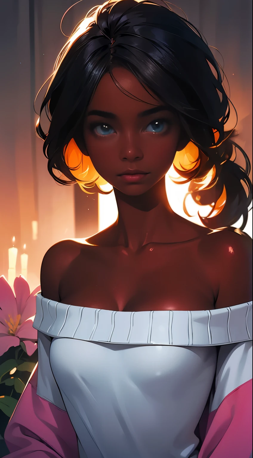 Upper body shot, ((beautiful black woman with flawless dark skin)), long hair with gradient glow, flare, electric colors, clearly defined facial features, big detailed eyes, ((( wearing an off the shoulder sweater))) glowing flowers in the background, masterpiece, best high quality image,96k, uhd, depth of field, 1080P wallpaper, spotlight, character focus, high quality, insanely detailed, UHD picture quality in the style of Amy Sol