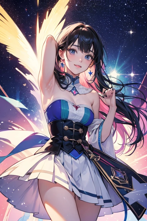 Composed of petal-like gems floating in space、medium shot of a beautiful woman。Her eyes shine like constellations、Its body mimics the structure of a galaxy.、Expressing the fusion of cosmic providence and beauty、Masterpieces of unparalleled top quality
