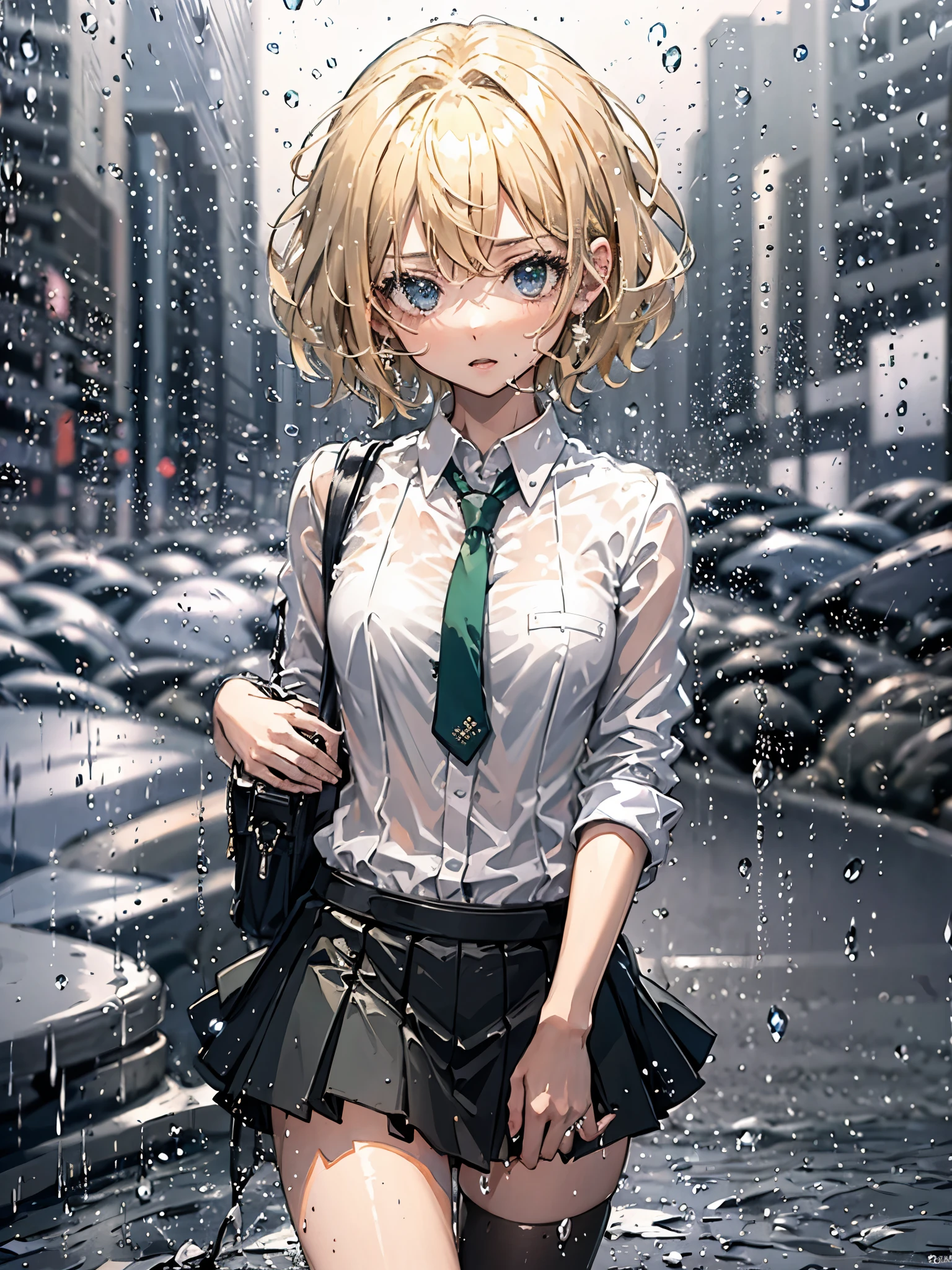 1girl, blond hair, short hair, dark blue eyes, white shirt, green tie, green skirt, city, rain, raining city, detailed background 