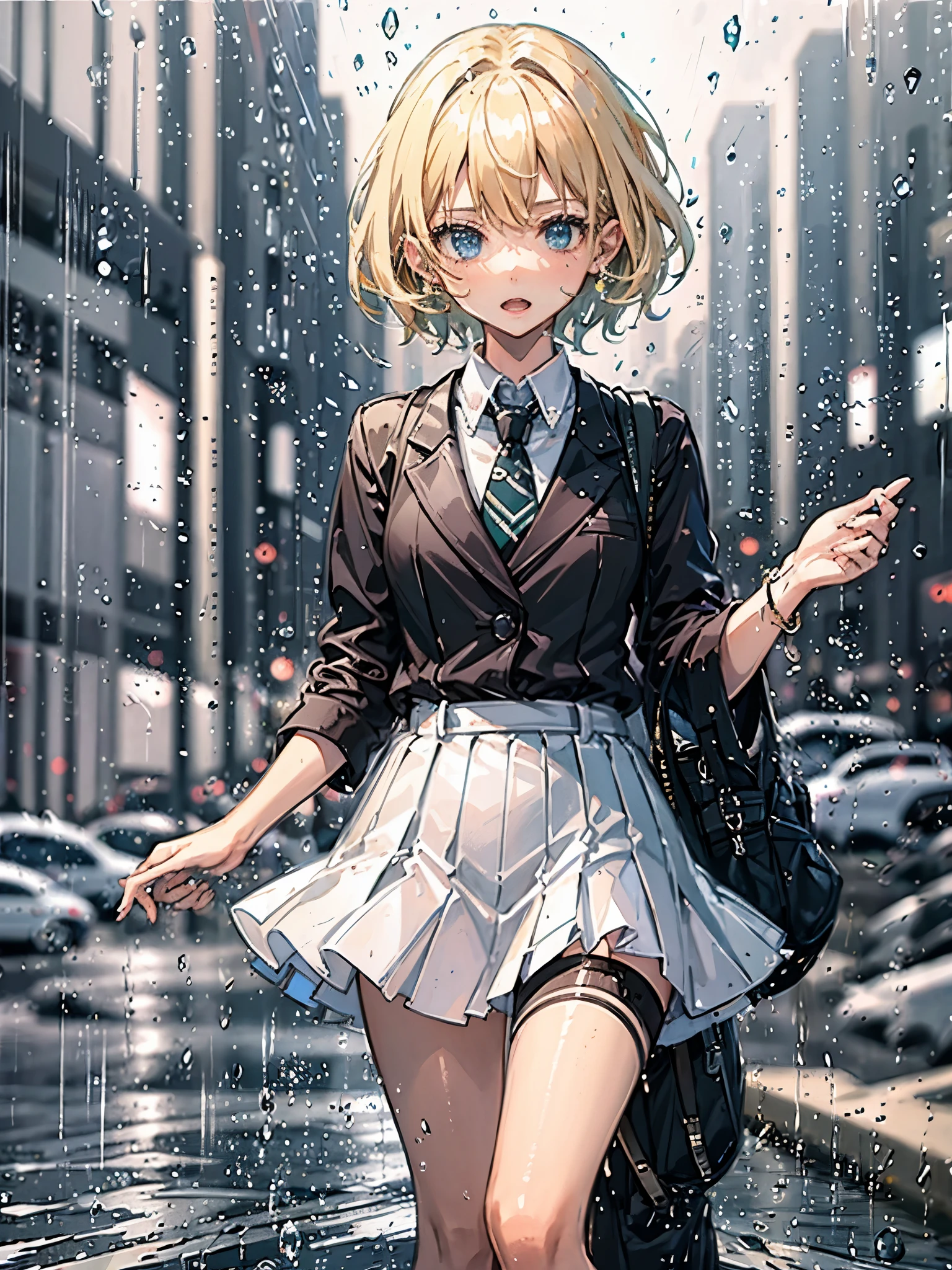 1girl, blond hair, short hair, dark blue eyes, white shirt, green tie, green skirt, city, rain, raining city, detailed background 