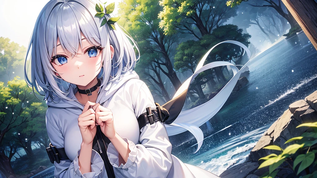 super high quality, with a girl, 20-year-old, very short hair, long bangs between the eyes, pale blue eyes , blue sky, sunlight, very detailed,(masterpiece、highest quality)、alone、gray hair、laughter、White skin as clear as snow、fantasy, silver hair, black eye, beautiful eyes,, ecstasy, charm, be smitten with audience, short haintasy scenery、white hoodie、Hoodie with open front、black shirt