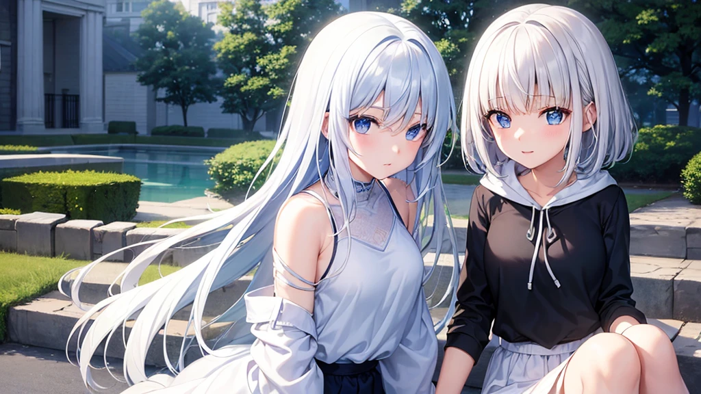 super high quality, with a girl, 20-year-old, very short hair, long bangs between the eyes, pale blue eyes , blue sky, sunlight, very detailed,(masterpiece、highest quality)、alone、gray hair、laughter、White skin as clear as snow、fantasy, silver hair, black eye, beautiful eyes,, ecstasy, charm, be smitten with audience, short haintasy scenery、white hoodie、Hoodie with open front、black shirt