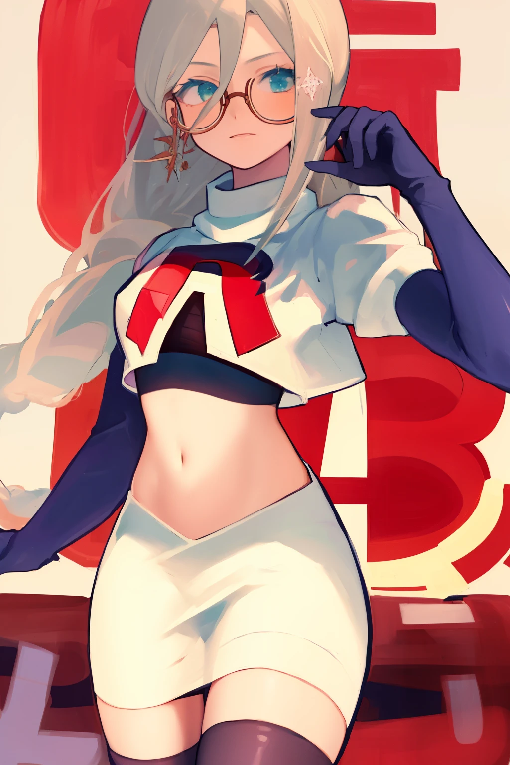 masterpiece, detailed, high quality, absurdres, aiaamare, 1girl, solo, glasses, cowboy shot,team rocket,team rocket uniform, red letter R, white skirt,white crop top,black thigh-highs, black elbow gloves,