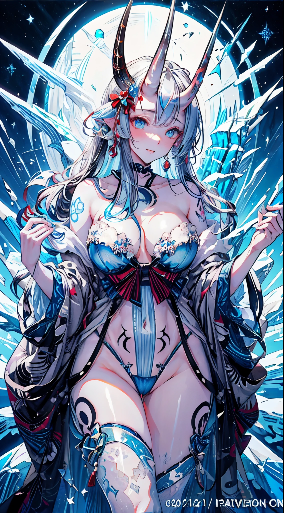 Yuki onna,frosty theme (masterpiece, top quality, best quality, official art, beautiful and aesthetic:1.2), detailed sexy costume,Extreme detailed,Sexy Demon, 1 girl, large breasts, , (one oni horn:1.2), frost around,blue ice power, glowing body, sexy, , Colorful, Highest detailed, Cold light, tatoos