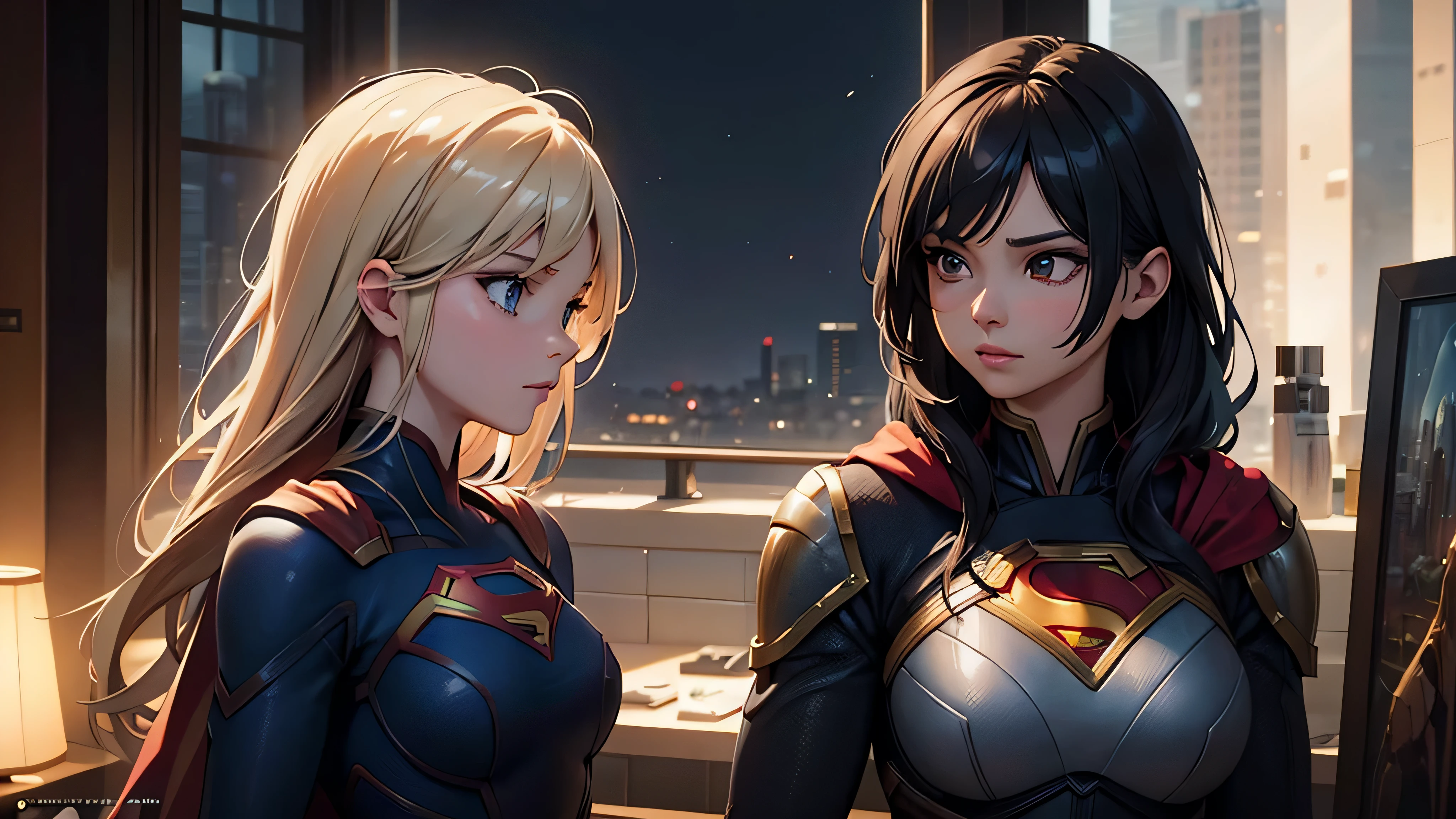 Supergirl, above the city, preparing for battle, detailed artistic photography, beautiful detailed face, dreamy, glowing, backlit, glamour, glow, shadows, oil on canvas, brush strokes, soft, ultra high definition, 8k, unreal engine 5, ultra focus sharp, artgerm, loish, sf, intricate art masterpiece, menacing, matte paint movie poster, golden ratio, trends in cgsociety, intricate, epic, highly detailed, vibrant, production cinematic character rendering, quality model ultra high