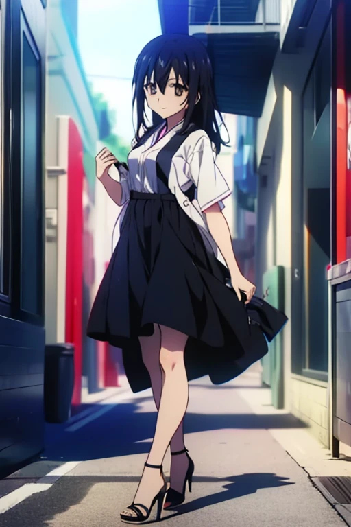 yukina, 1 girl, 一人in, length_hair, looking for_in_viewer, 前hair, shirt, black_hair, hair_between_eye, Brown_eye, dress that shows the middle,stiletto heels,party venue,Carrying a guitar case on your back