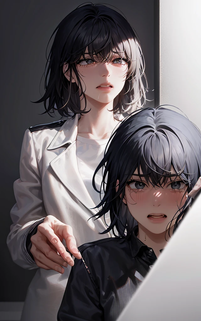 (view from back) woman Lying on stomach with hands propping up head, (shirt, tie, pants:0.5) (detailed realistic face), (((hyperdetailed))), zoomed out, symmetrical face, detailed pupil, expressive eyes, makeup, real photography, modern look, Real photography (Realisitc:1.5), han Sooyoung, tears, disbelief, crying, short hair, best quality, masterpiece, ultra-detailed, emotional, illustration, realistic tears, intense sadness, disheveled hair, streaming tears, runny mascara, tear-streaked cheeks, trembling lips, pained expression, reflection of sorrow, teardrops falling in the foreground, powerful and moving composition, capturing the rawness and vulnerability of crying, sniffling, blushing, short hair, sharp eyes, lip biting, blood on lips