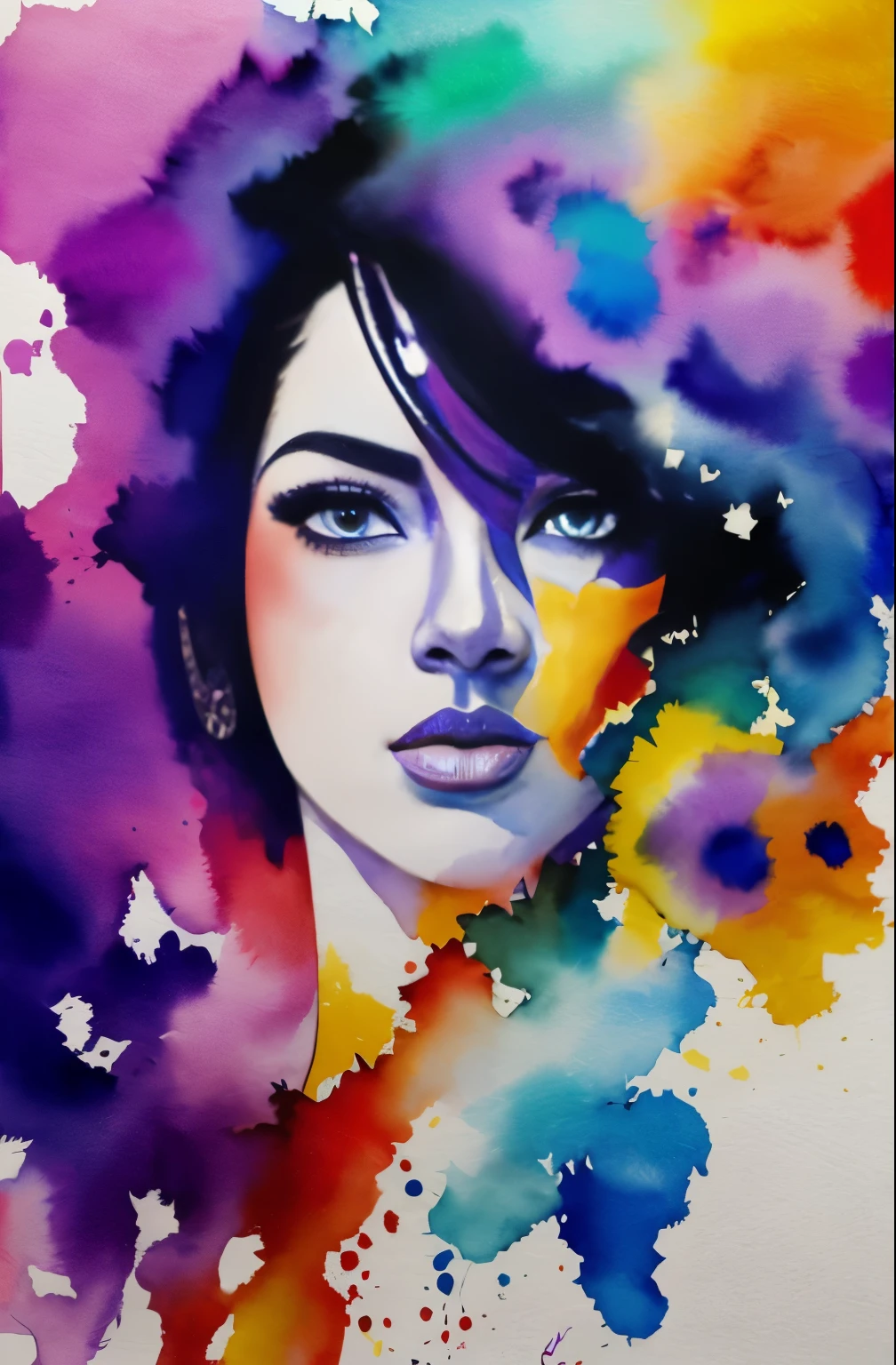 Painting of a woman with a purple and white face, Sylvia Pelissero watercolors, tumbler, abstract art, Intense watercolor painting, watercolor detailed art, Watercolor Splash, surreal, Avant-garde pop art, Beautiful and expressive paintings, Beautiful artwork illustration, very colorful tones, wonderful, cool beauty, highest quality,official art, women only, sharp outline, best shot, vector art