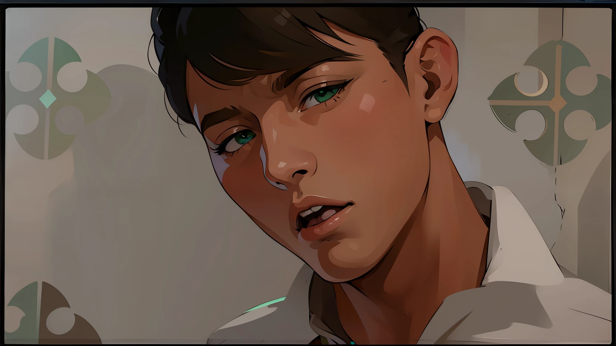 esta gritando tiene rostro furioso ojos de color verde  mirada seria agresiva pensativa