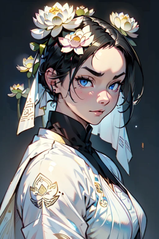 (((Hysterical expression with hidden eyebrows))), beautiful, masterpiece, background, highest quality, Detailed image, ((((((1 girl)))))), ((((((muscular)))))), (((((portrait))))), 1 girl, alone, detailed face, Jaw roundness, (golden blue eyes, big), (glossy red lips), ((((abundant, shiny black hair)))), female focus, perfect eyes, Crystal clear white skin, Day々, 暖かいDay差し, atmosphere, clear texture, delicate texture, (Wearing gorgeous ancient Buddhist ornaments), (A number of exquisite white lotus ornaments々),