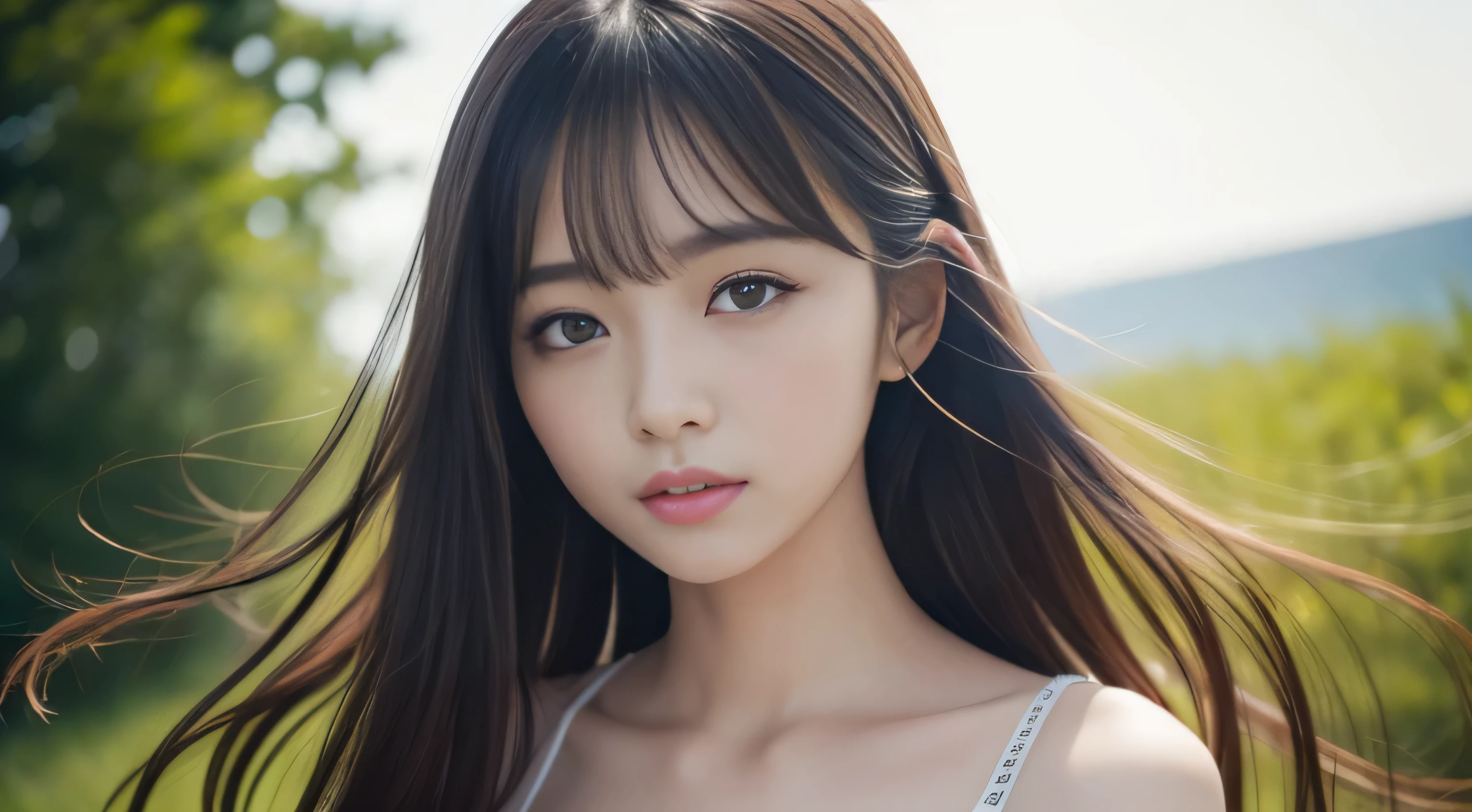 ((best image quality、highest quality、Super high quality 1.5、Super high quality 1.5、32K、8K、ticker、RAW photo、very clear image、very clear image quality、Photoreal 1.3、Super detailed 1.2, small details, High resolution, wall , perfect dynamic composition, masterpiece, surreal,非常に詳細な CG Unity 32K wall紙,realistic pictures、real human being))、sexyなCカップ、sexy&22 year old beautiful girl with cute looks & かわいい美しいsexyな顔, The strong wind blows the hair in front of my face,(長い前髪に隠れた美しくキュートでsexyな目をした美しいブラウンのストレートヘア)