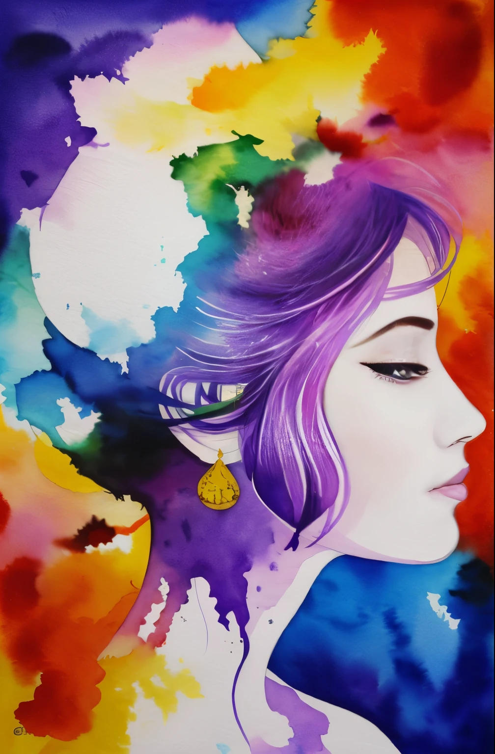 Painting of a woman with a purple and white face, Sylvia Pelissero watercolors, tumbler, abstract art, Intense watercolor painting, watercolor detailed art, Watercolor Splash, surreal, Avant-garde pop art, Beautiful and expressive paintings, Beautiful artwork illustration, very colorful tones, wonderful, cool beauty, highest quality,official art, women only, sharp outline, best shot, vector art
