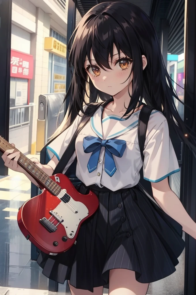 yukina, 1 girl, 一人in, length_hair, looking for_in_viewer, 前hair, shirt, black_hair, hair_between_eye, Brown_eye, dress that shows the middle,stiletto heels,party venue,Carrying a guitar case on your back